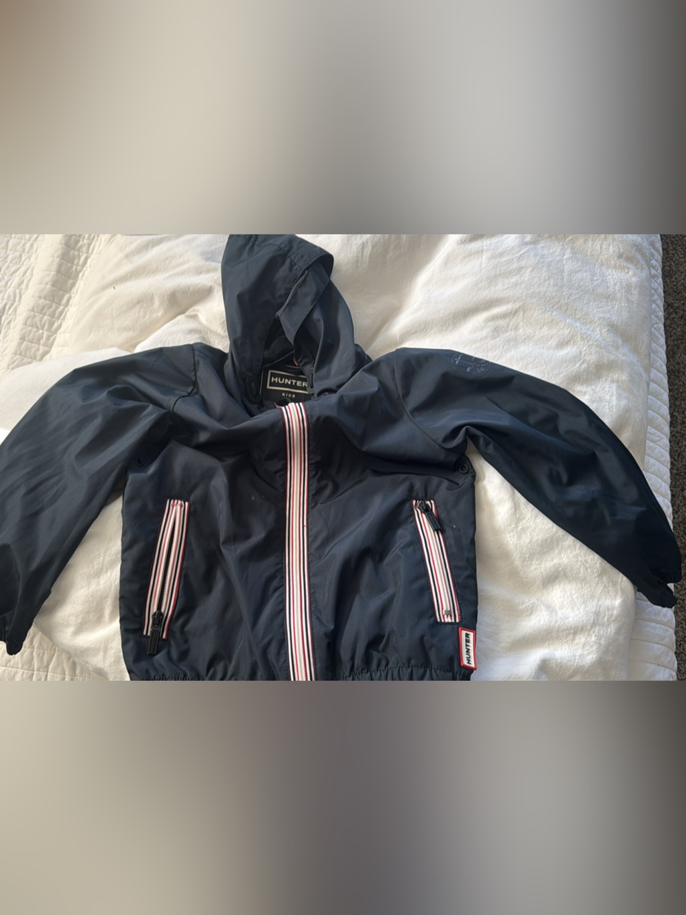 Hunter Brand Navy Hooded Raincoat with Red and White Stripe Trim